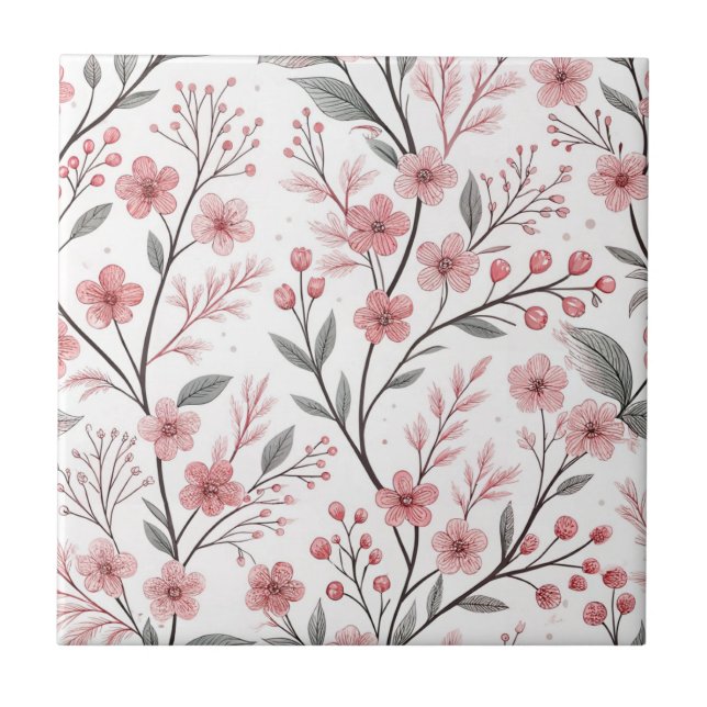 Pink Cherry Blossom Sakura Pattern on White (1) Ceramic Tile (Front)
