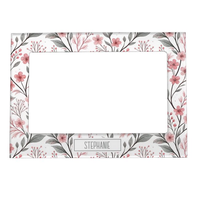 Pink Cherry Blossom Sakura Pattern on White (1) Magnetic Frame (Front)