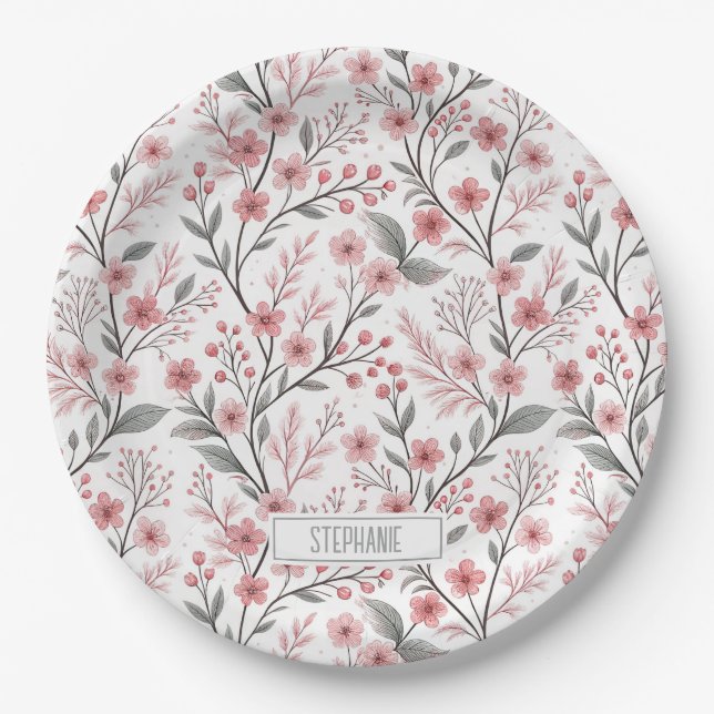 Pink Cherry Blossom Sakura Pattern on White (1) Paper Plates (Front)