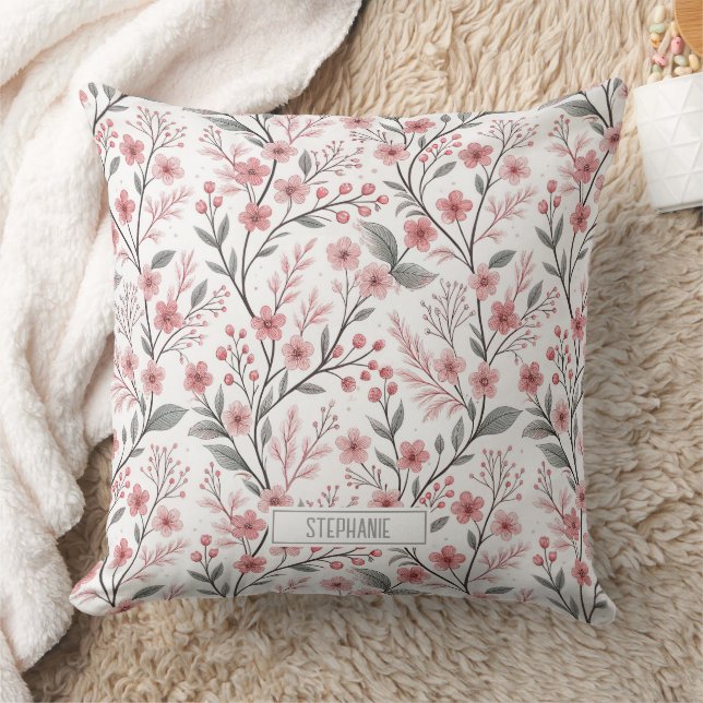 Pink Cherry Blossom Sakura Pattern on White (1) Throw Pillow (Blanket)