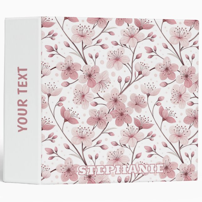 Pink Cherry Blossom Sakura Pattern on White (2) 3 Ring Binder (Front/Spine)