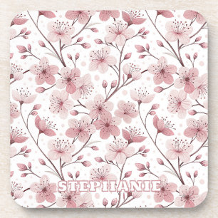 Pink Cherry Blossom Sakura Pattern on White (2) Beverage Coaster