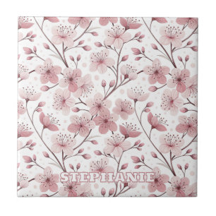 Pink Cherry Blossom Sakura Pattern on White (2) Ceramic Tile