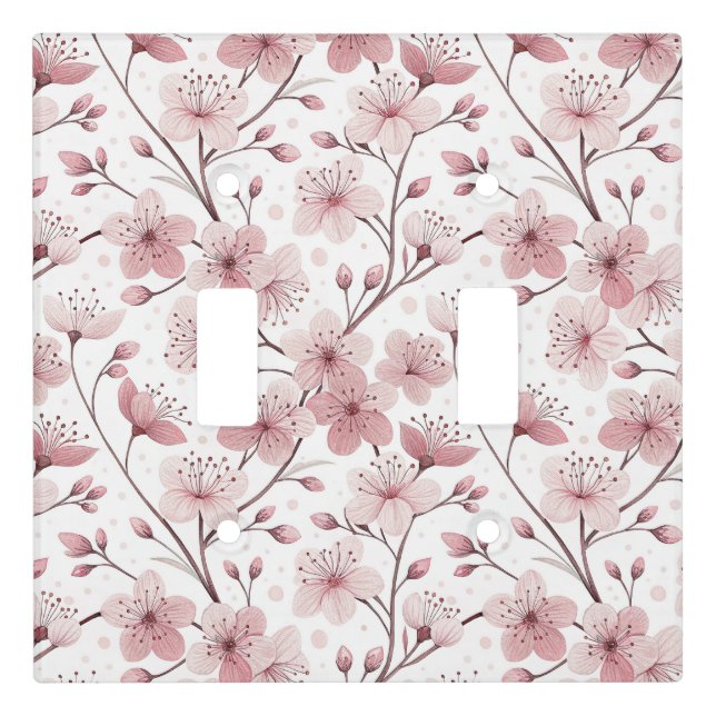 Pink Cherry Blossom Sakura Pattern on White (2) Light Switch Cover (Front)