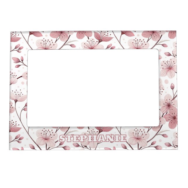 Pink Cherry Blossom Sakura Pattern on White (2) Magnetic Frame (Front)