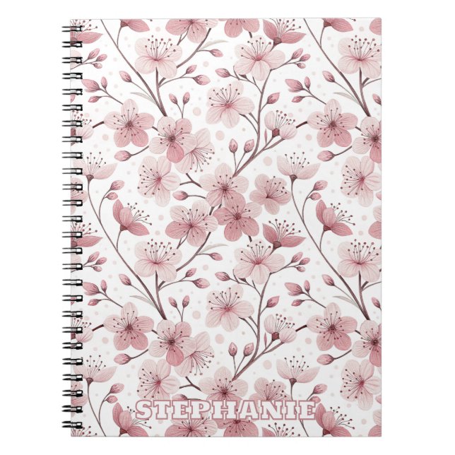 Pink Cherry Blossom Sakura Pattern on White (2) Notebook (Front)