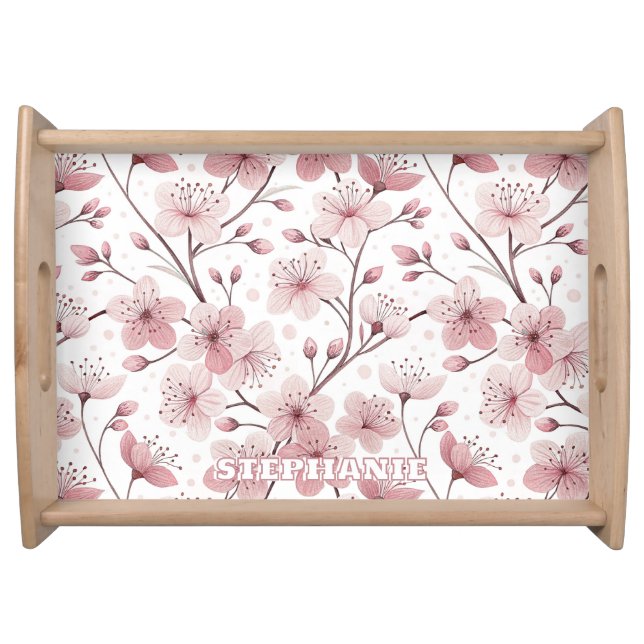 Pink Cherry Blossom Sakura Pattern on White (2) Serving Tray (Front)