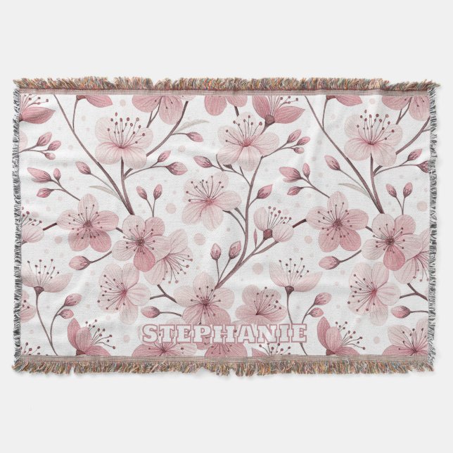 Pink Cherry Blossom Sakura Pattern on White (2) Throw Blanket (Front)