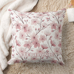 Pink Cherry Blossom Sakura Pattern on White (2) Throw Pillow