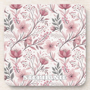 Pink Cherry Blossom Sakura Pattern on White (3) Beverage Coaster