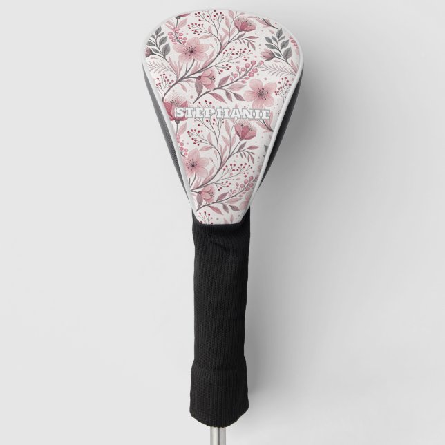 Pink Cherry Blossom Sakura Pattern on White (3) Golf Head Cover (Front)