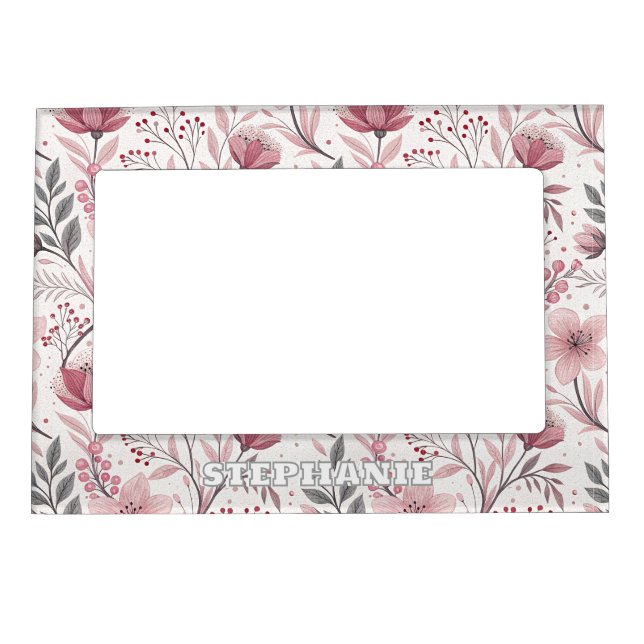 Pink Cherry Blossom Sakura Pattern on White (3) Magnetic Frame (Front)