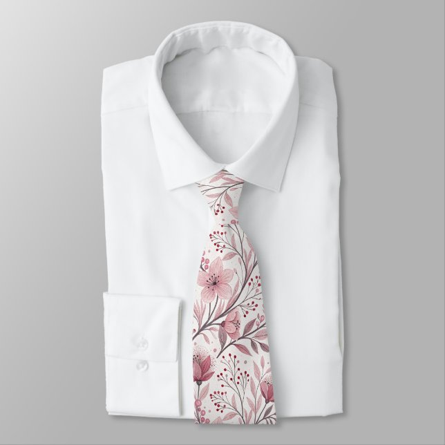 Pink Cherry Blossom Sakura Pattern on White (3) Neck Tie (Tied)