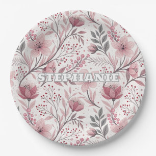 Pink Cherry Blossom Sakura Pattern on White (3) Paper Plates