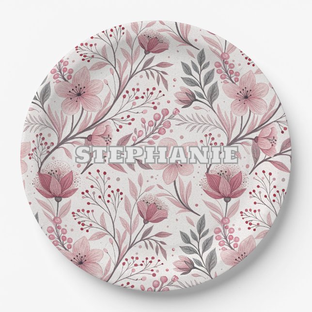 Pink Cherry Blossom Sakura Pattern on White (3) Paper Plates (Front)