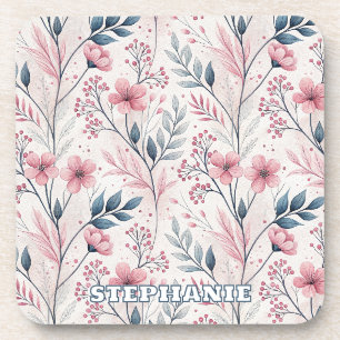 Pink Cherry Blossom Sakura Pattern on White (4) Beverage Coaster
