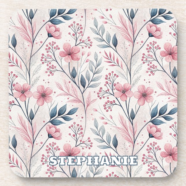 Pink Cherry Blossom Sakura Pattern on White (4) Beverage Coaster (Front)