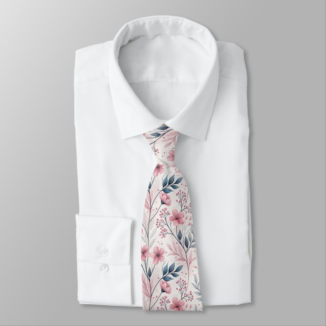 Pink Cherry Blossom Sakura Pattern on White (4) Neck Tie (Tied)