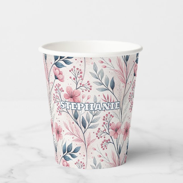 Pink Cherry Blossom Sakura Pattern on White (4) Paper Cups (Front)