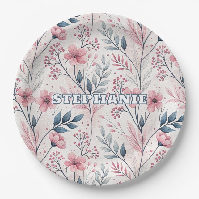 Pink Cherry Blossom Sakura Pattern on White (4) Paper Plates (Front)