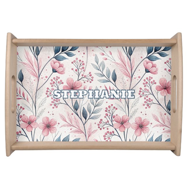 Pink Cherry Blossom Sakura Pattern on White (4) Serving Tray (Front)