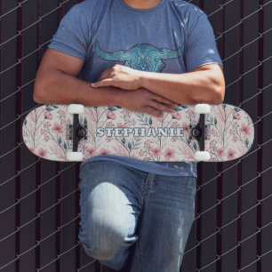 Pink Cherry Blossom Sakura Pattern on White (4) Skateboard
