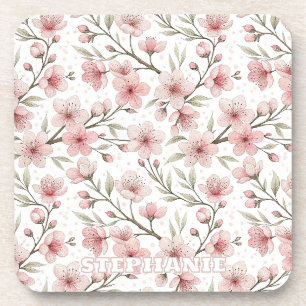 Pink Cherry Blossom Sakura Pattern on White (5) Beverage Coaster
