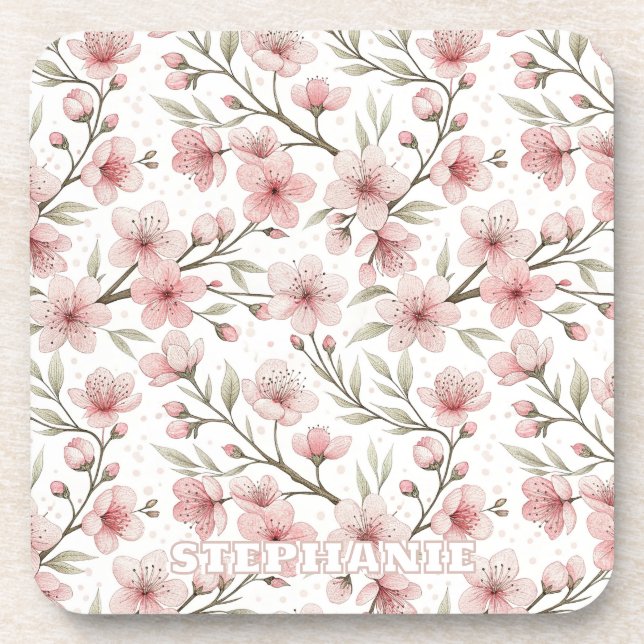 Pink Cherry Blossom Sakura Pattern on White (5) Beverage Coaster (Front)