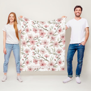 Pink Cherry Blossom Sakura Pattern on White (5) Fleece Blanket