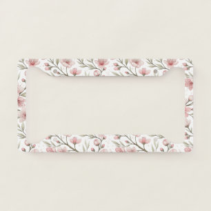 Pink Cherry Blossom Sakura Pattern on White (5) License Plate Frame