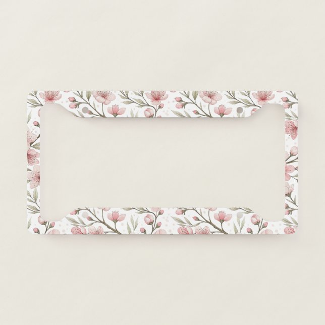 Pink Cherry Blossom Sakura Pattern on White (5) License Plate Frame (Front)