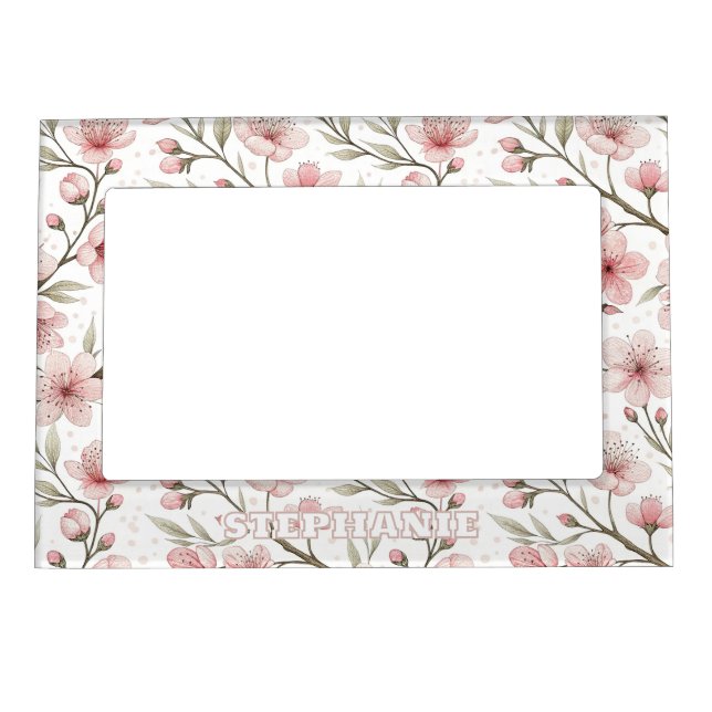 Pink Cherry Blossom Sakura Pattern on White (5) Magnetic Frame (Front)