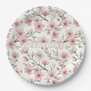 Pink Cherry Blossom Sakura Pattern on White (5) Paper Plates