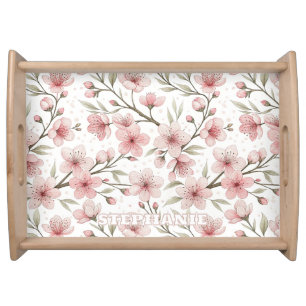 Pink Cherry Blossom Sakura Pattern on White (5) Serving Tray