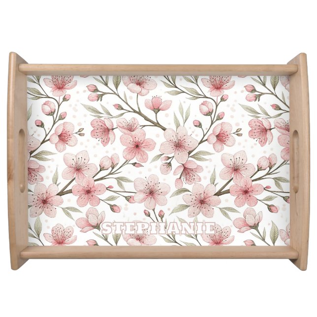 Pink Cherry Blossom Sakura Pattern on White (5) Serving Tray (Front)