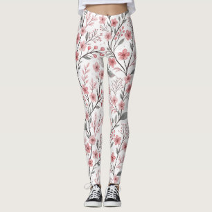 Pink Cherry Blossom Sakura Pattern on White Leggings