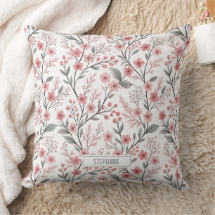 Pink Cherry Blossom Sakura Pattern on White Throw Pillow