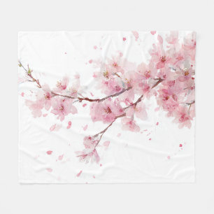Pink Cherry Blossom Sakura Watercolor Floral Boho Fleece Blanket