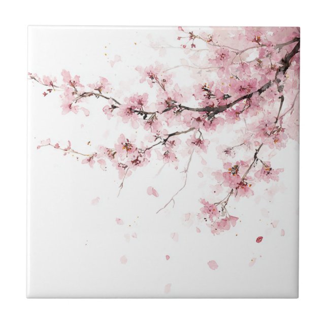 Pink Cherry Blossom Sakura Watercolor Floral Ceramic Tile (Front)