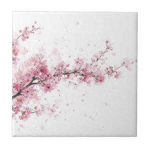 Pink Cherry Blossom Sakura Watercolor Floral Ceramic Tile