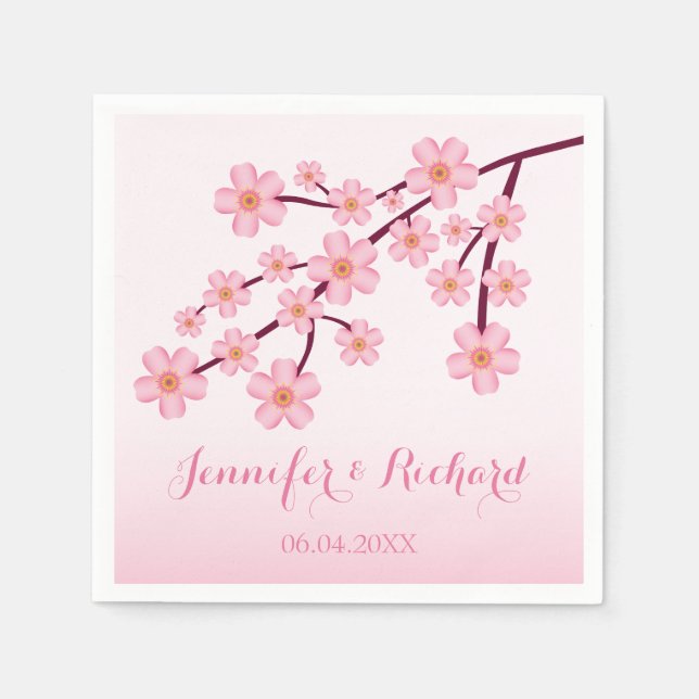 Pink Cherry Blossom Sakura With Names Wedding Napkins (Front)