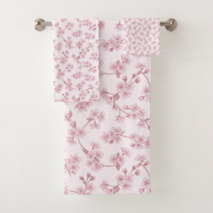 Pink Cherry Blossom Seamless Floral Pattern Bath Towel Set
