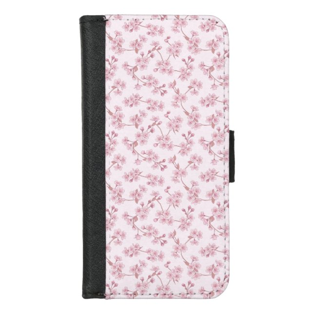 Pink Cherry Blossom Seamless Floral Pattern iPhone Wallet Case (Front)