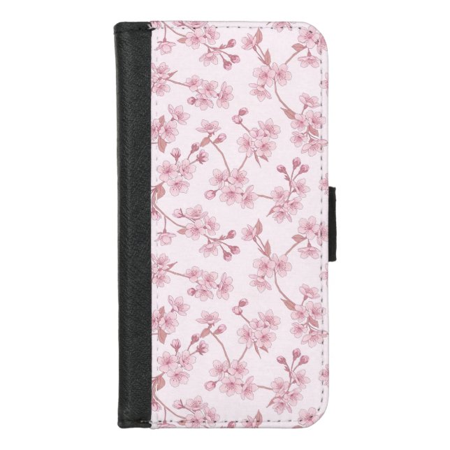 Pink Cherry Blossom Seamless Floral Pattern iPhone Wallet Case (Front)