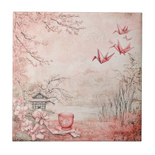 Pink Cherry Blossom Serenity Landscape (1) Ceramic Tile