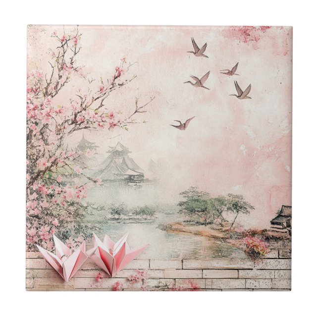 Pink Cherry Blossom Serenity Landscape  (2) Ceramic Tile (Front)