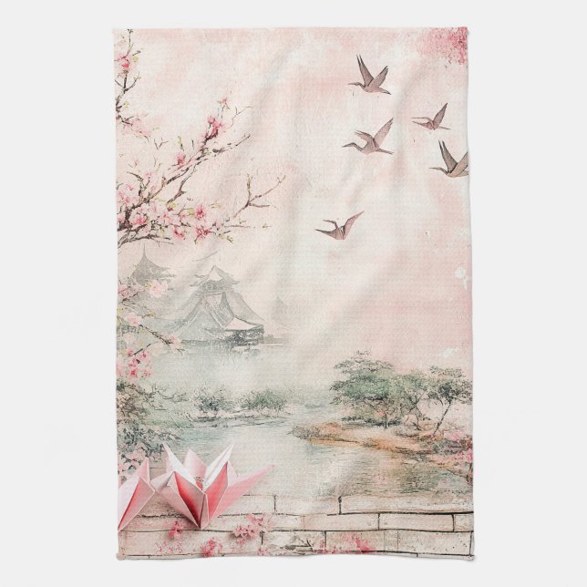 Pink Cherry Blossom Serenity Landscape  (2) Kitchen Towel (Vertical)