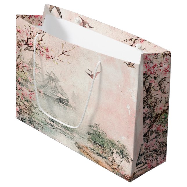 Pink Cherry Blossom Serenity Landscape  (2) Large Gift Bag (Front Angled)