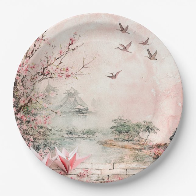Pink Cherry Blossom Serenity Landscape  (2) Paper Plates (Front)
