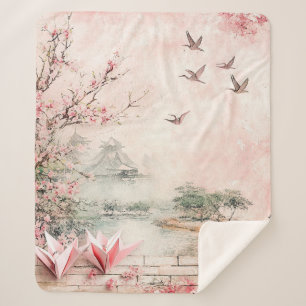 Pink Cherry Blossom Serenity Landscape (2) Sherpa Blanket